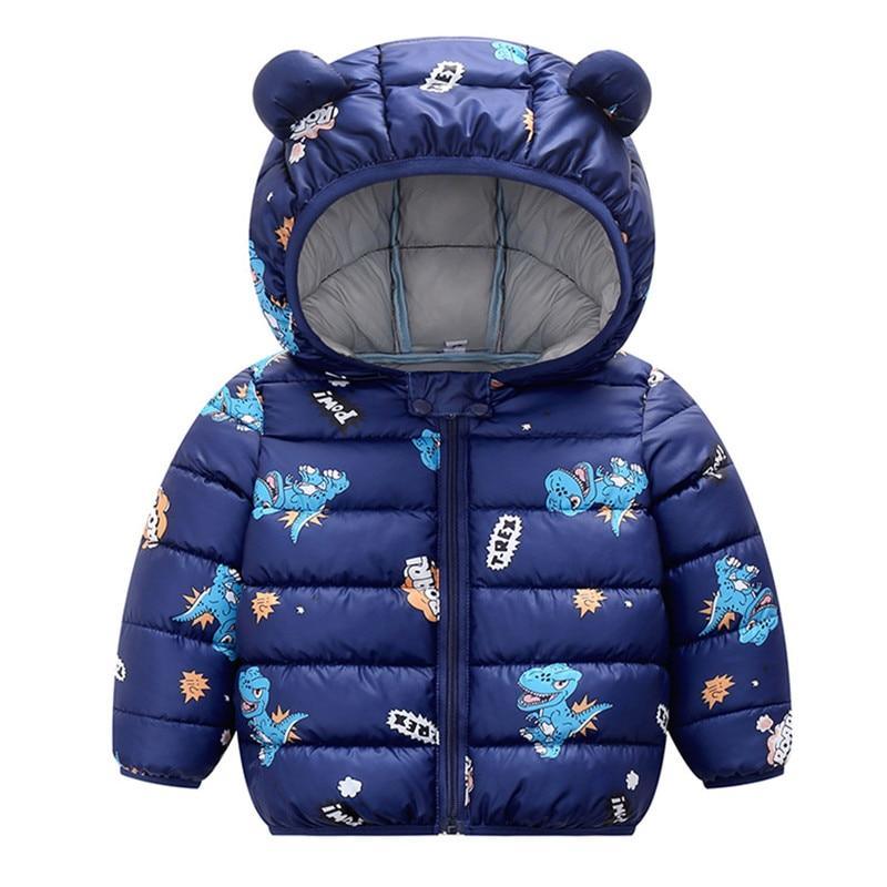 Navy kids hooded puffer coat with colorful character print and teddy-bear ear hood