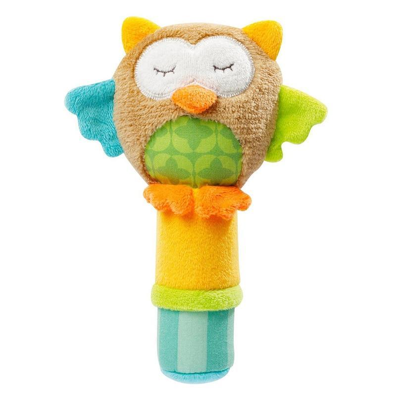 Plush owl rattle bell toy with closed eyes and striped body