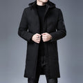 Men's longline parka windbreaker, black, long coat with hood and button front