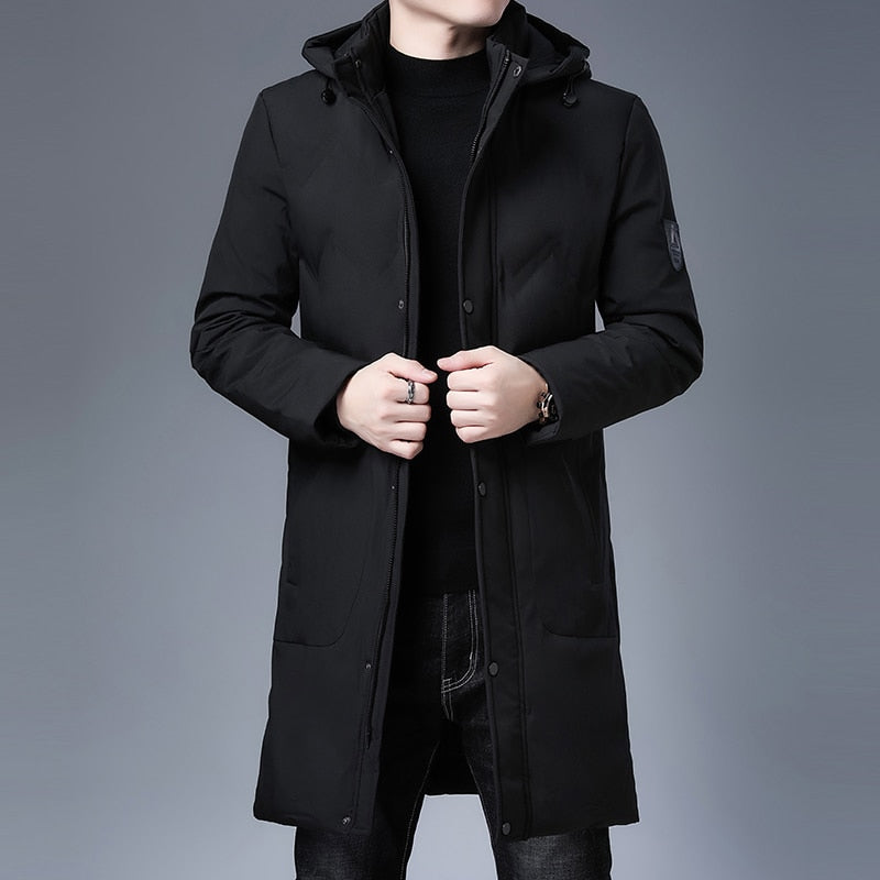 Men's longline parka windbreaker, black, long coat with hood and button front