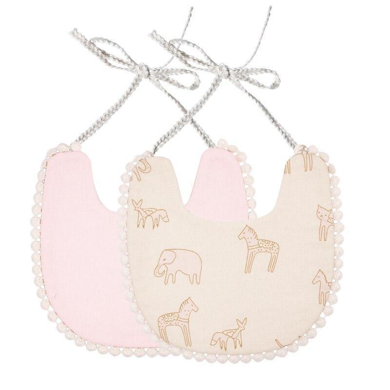 Pastel animal print double-layer baby bib set with pink side bibs and pom trim ties