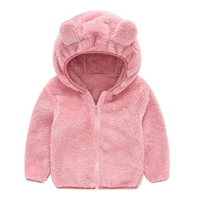 Kids hooded faux-fur winter coat with bear ears, light pink, zip front
