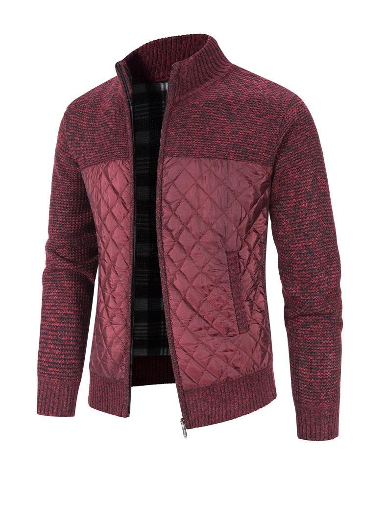 Men's zip-up quilted fleece jacket in burgundy heather, front zipper and stand collar