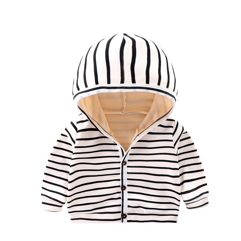 Black-and-white striped hooded baby cardigan with button front and beige lining.