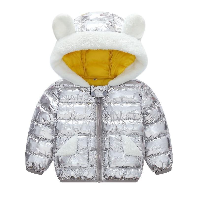 Silver kids metallic hooded puffer coat with white faux-fur trim and yellow lining