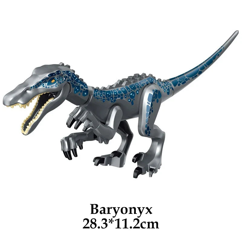 Gray dinosaur building block figure with blue spotted pattern and long tail