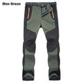 Men's green hiking pants with zip pockets and adjustable cuffs, fleece-lined soft shell look