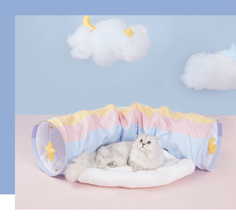 Collapsible cat tunnel tube with removable cat bed, blue and pink, two end openings