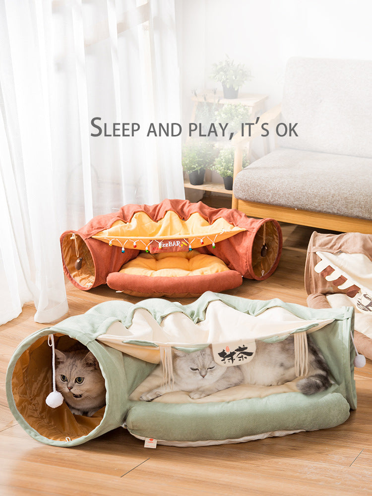 Cat tunnel tube with removable bed set, green tunnel and cushion, cat resting inside