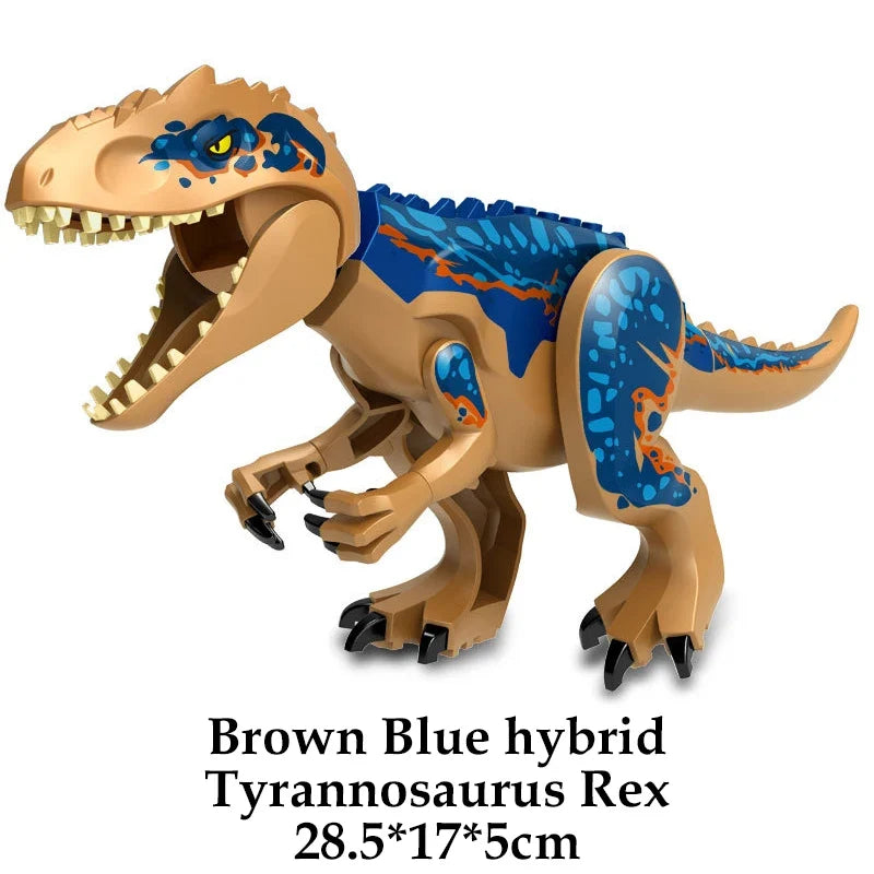 Brown-blue hybrid T-rex building block dinosaur, open mouth, walking pose