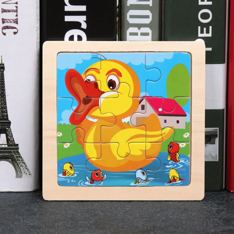 Wooden cartoon dolphin jigsaw puzzle with interlocking pieces in a square wooden frame