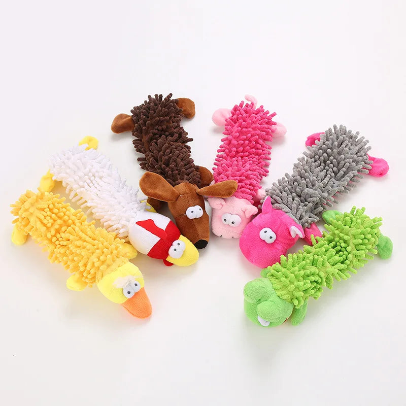 Colorful assortment of plush squeaky dog chew toys with spiky texture in multiple colors