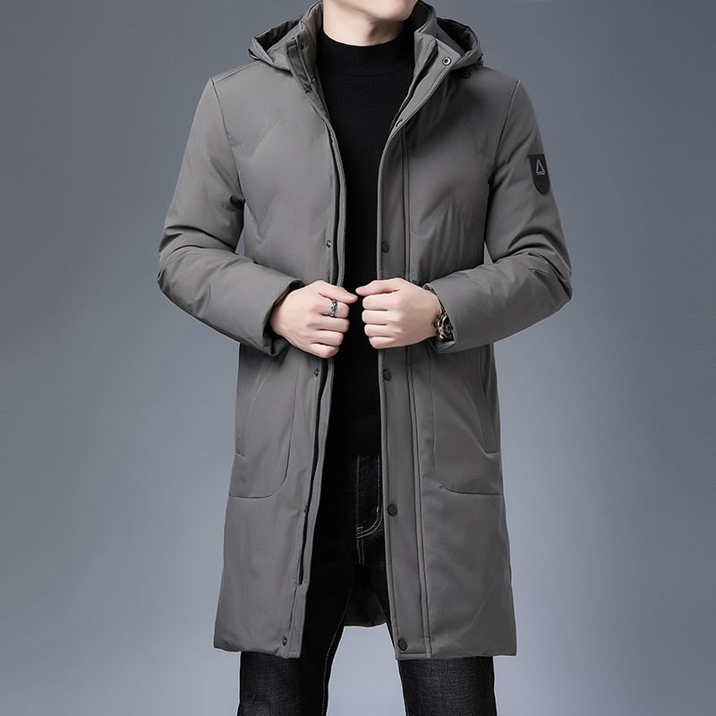 Men's longline parka windbreaker, light gray, hood with button placket