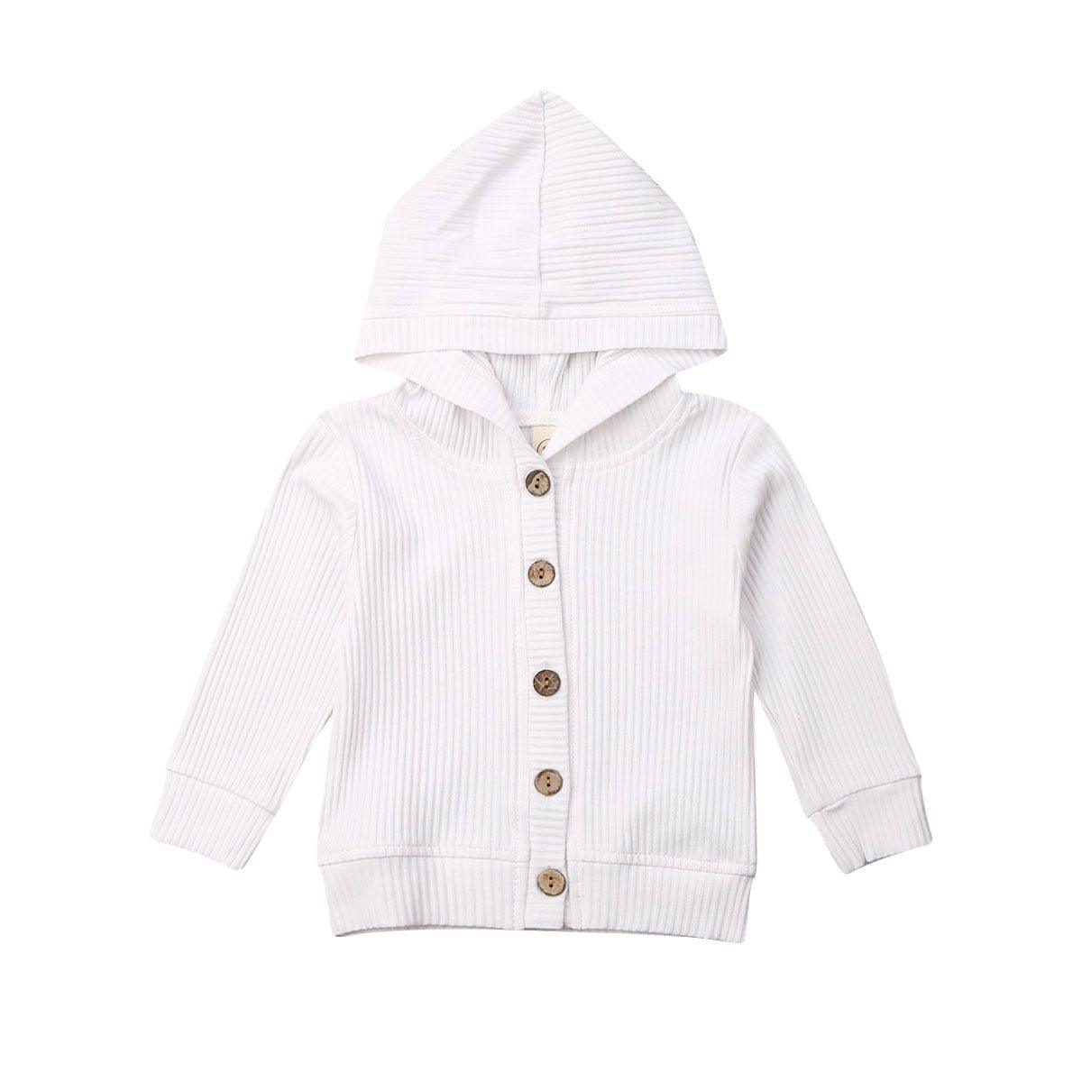 Infant white hooded knit jacket with long sleeves, button front, and ribbed cuffs