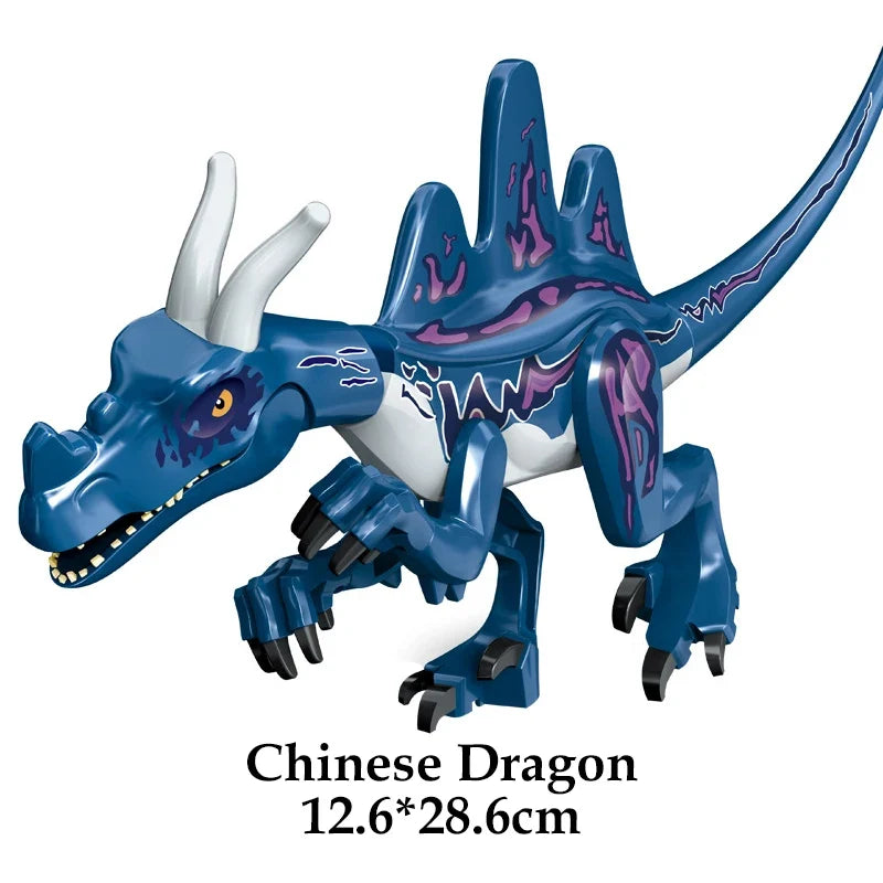 Blue dinosaur building block figure with dark purple markings and long tail