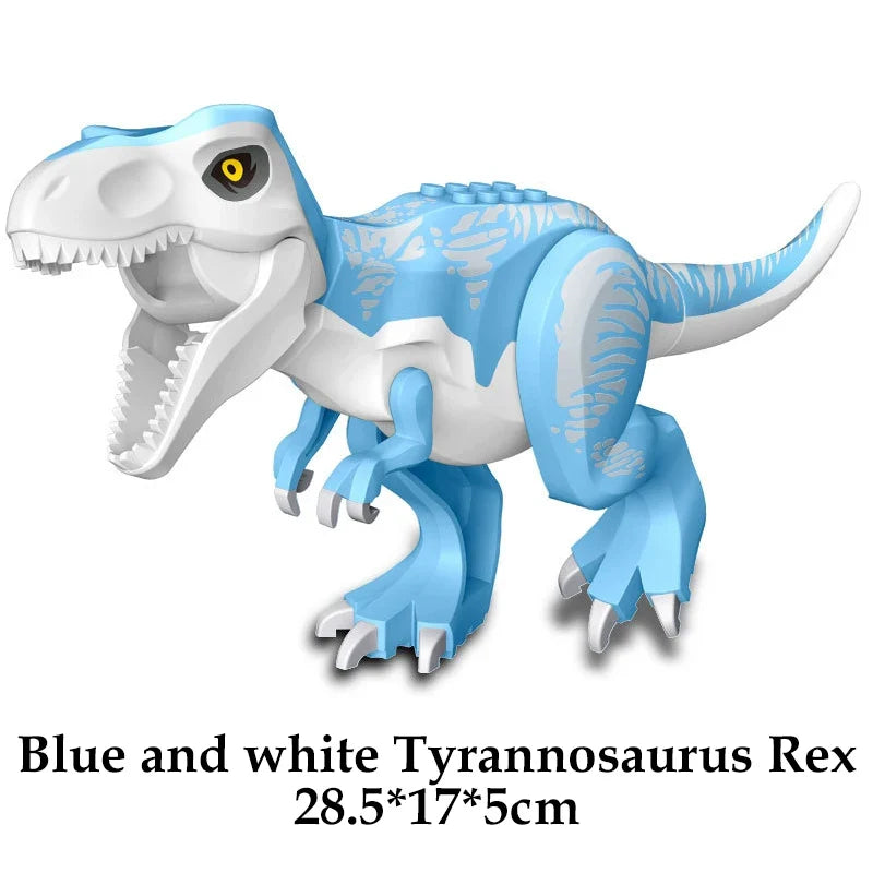 Blue and white Tyrannosaurus Rex building block figure with big teeth and tail