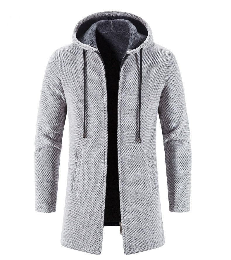 Men's light gray hooded zip cardigan coat with drawstring collar and front pockets