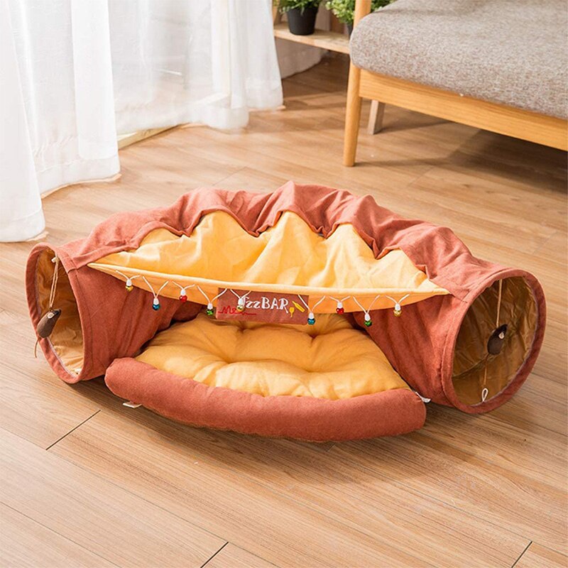 Rainbow cat tunnel tube with dangling bell toys and plush round bed
