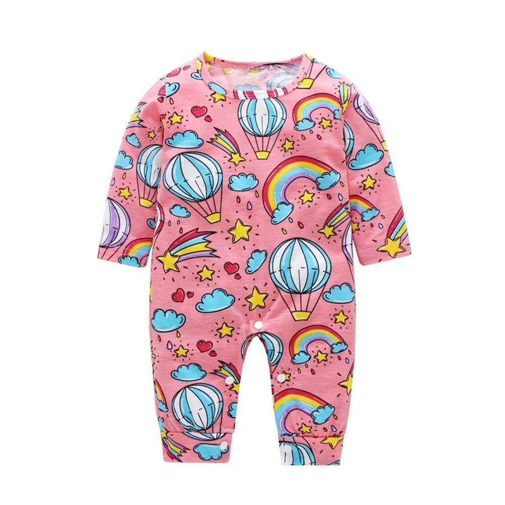 Newborn pink rainbow hot air balloon print long-sleeve romper