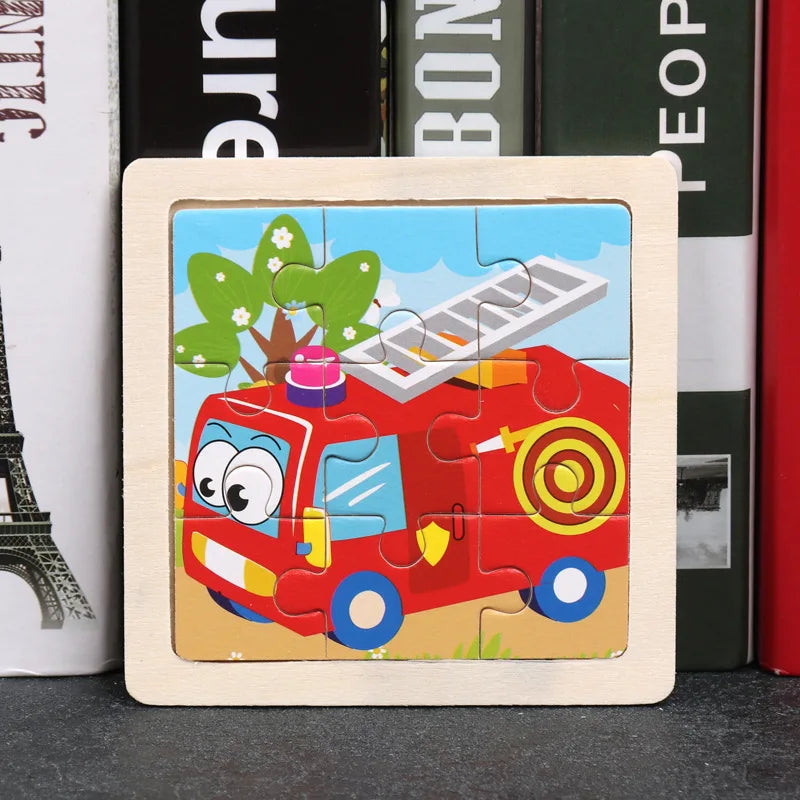 Wooden cartoon fire truck jigsaw puzzle with interlocking pieces in a square frame