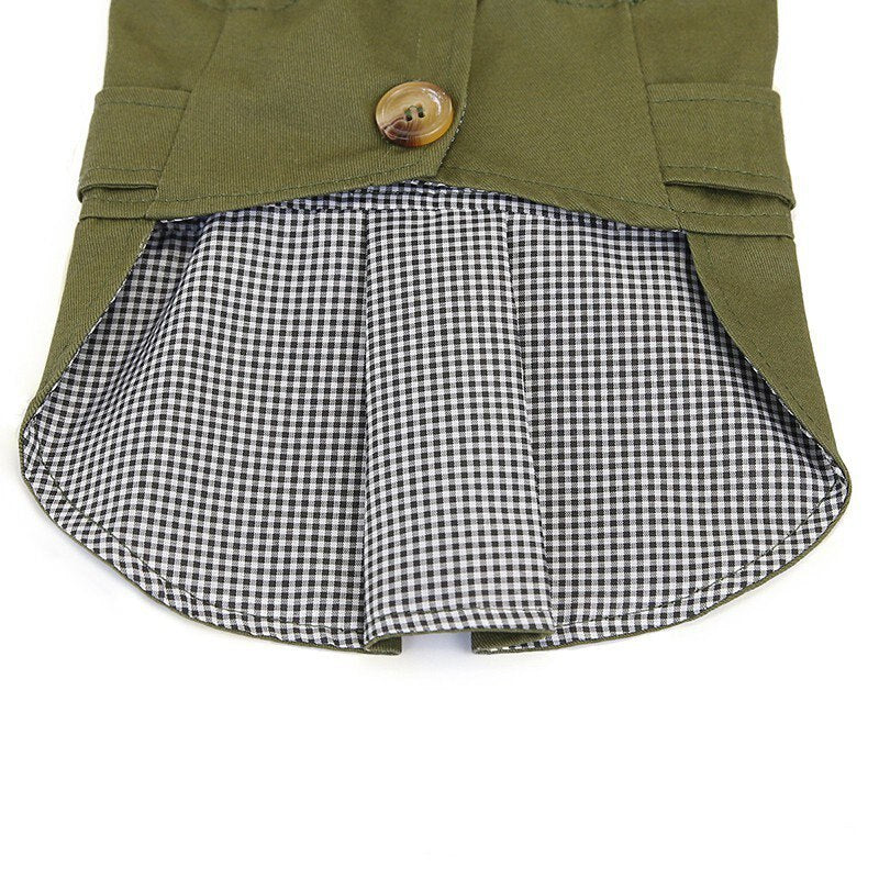 Khaki pet jacket coat with checkered skirt lining and top button closure