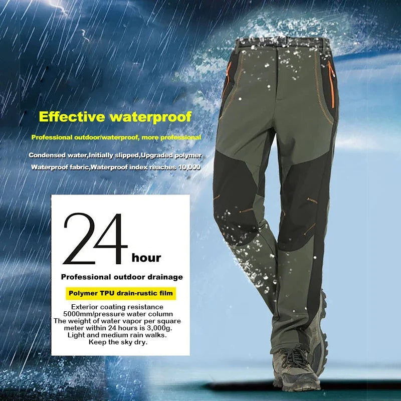 Men's waterproof hiking pants, dark green with side zip pockets and elastic cuffs
