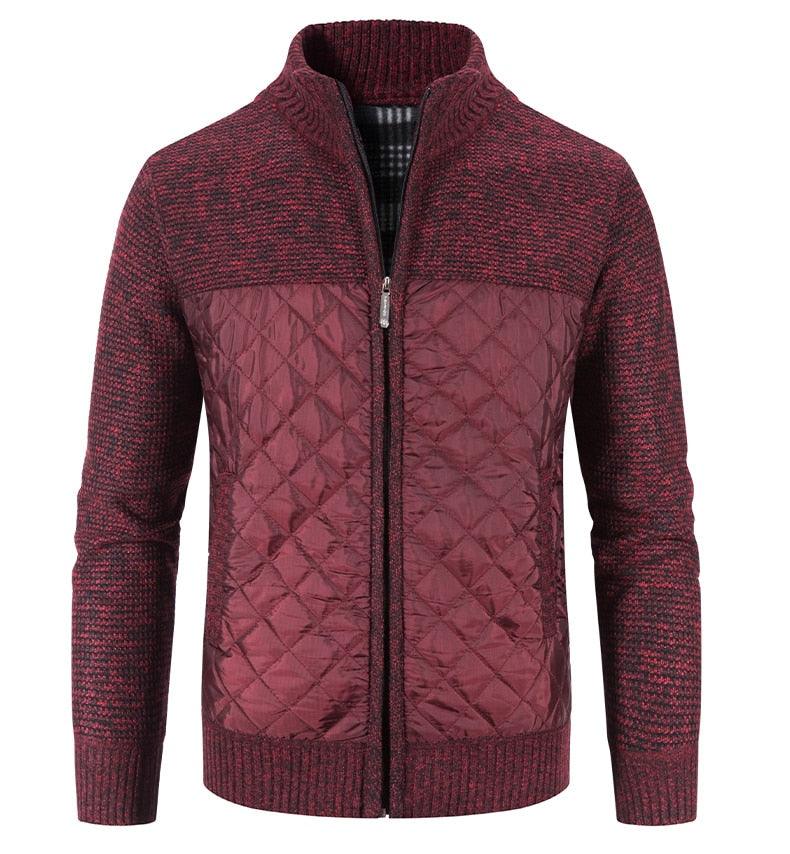 Men's zip-up quilted fleece jacket in burgundy with ribbed knit collar and cuffs