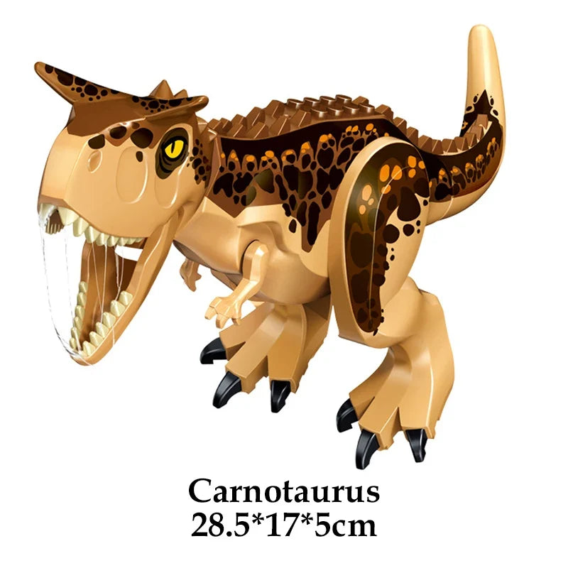 Tan Carnotaurus dinosaur building block figure with black spots and open mouth