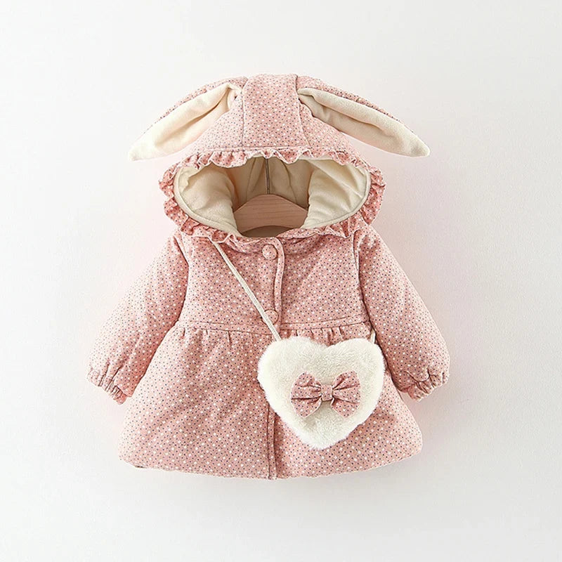 Newborn girls hooded padded jacket, pink floral with faux-leather heart crossbody pocket