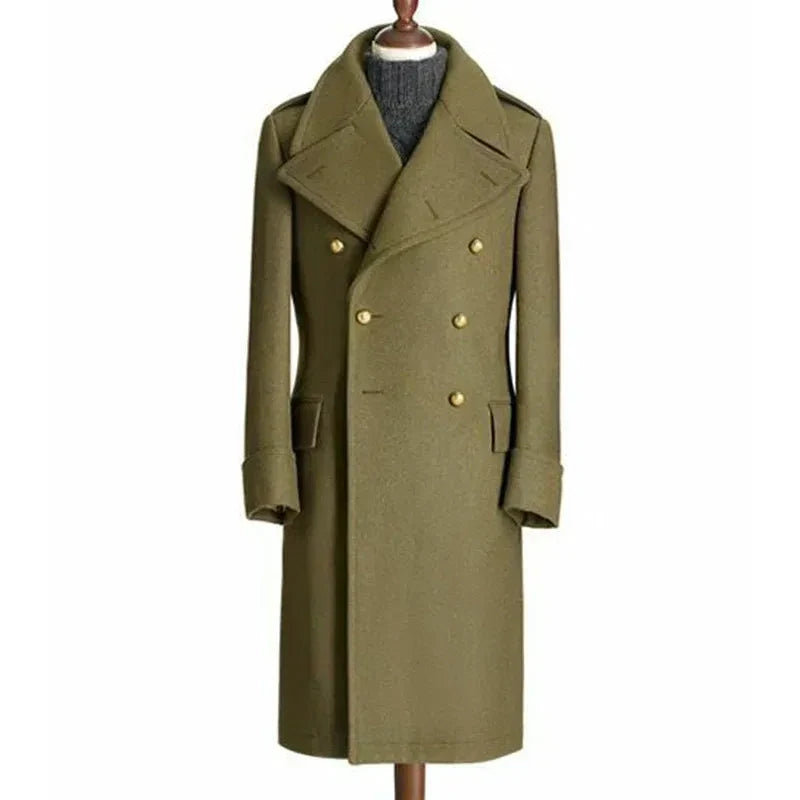 Men's long wool double-breasted coat with lapels, olive green, on mannequin
