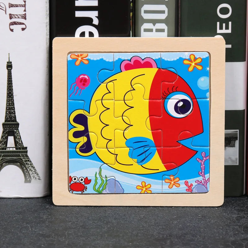 Wooden tangram jigsaw puzzle with cartoon clownfish pieces in a square frame