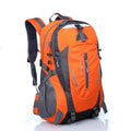 Water-resistant hiking backpack in bright orange and dark gray with front zip pocket and side straps
