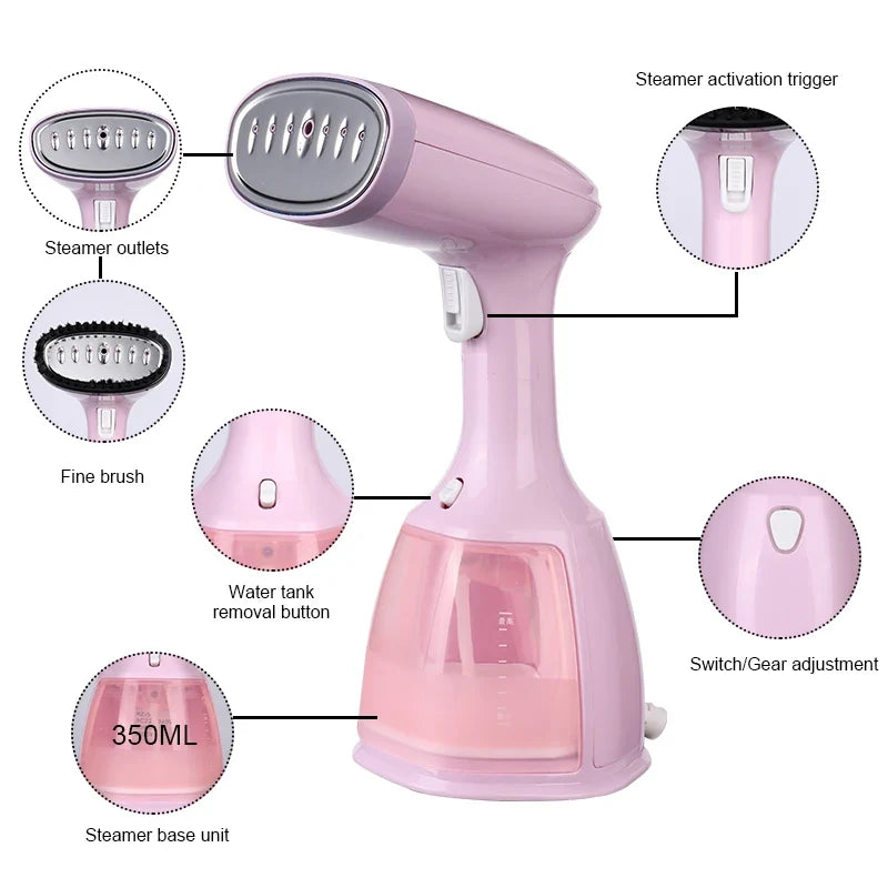 Pink handheld fabric steamer with steam outlets and control trigger