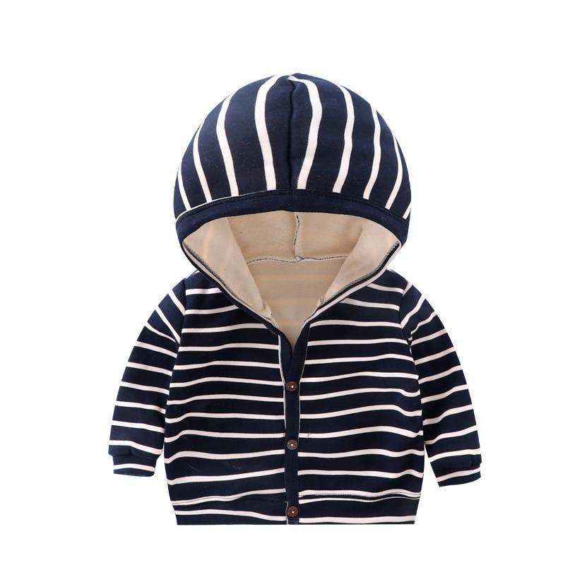 Navy-and-white striped hooded baby cardigan with button front and beige lining.