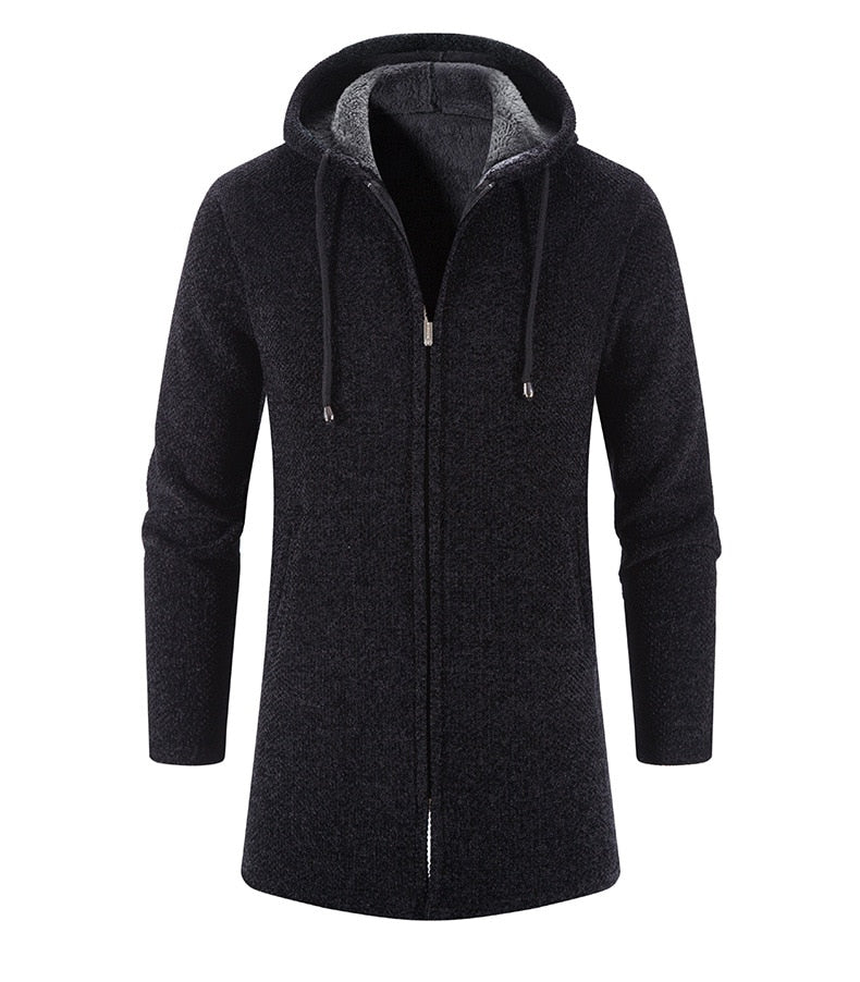 Men's black hooded zip cardigan coat with drawstring collar and front zipper pockets