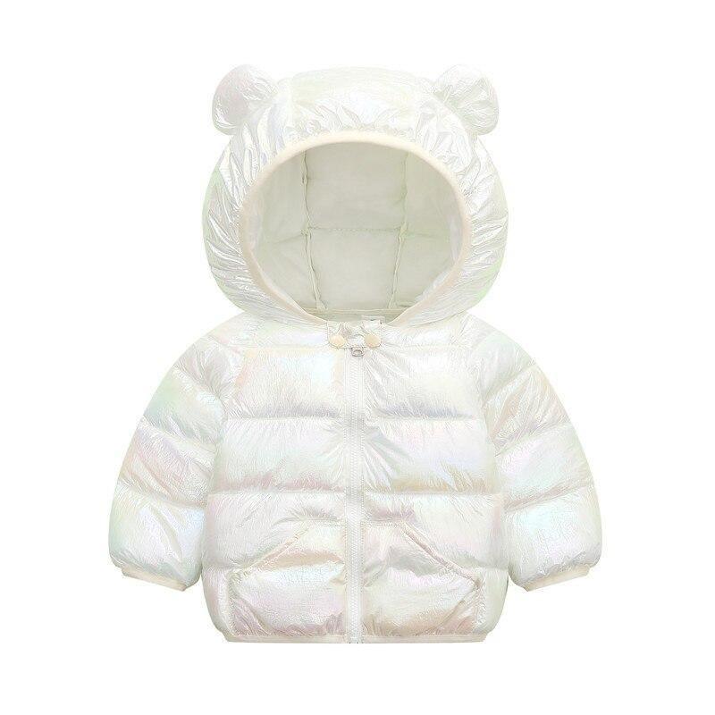 White shiny hooded puffer coat for toddlers with bear-ear hood, zip front