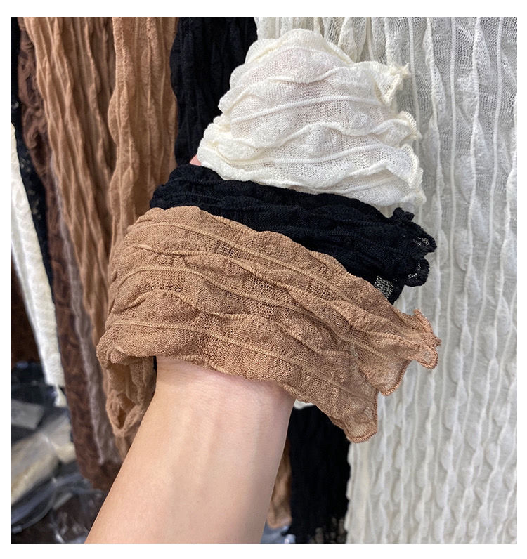 Brown lace mesh high-collar long-sleeve fitted top with ruffled cuffs