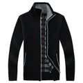 Men's black knit zip jacket with plaid-lined stand collar and contrast trim