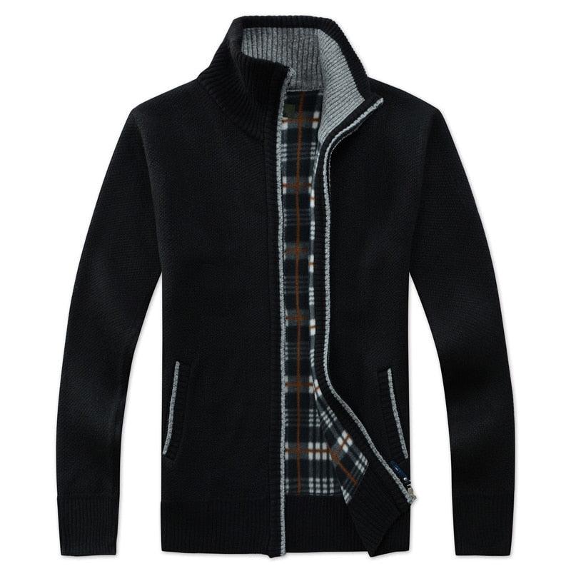 Men's black knit zip jacket with plaid-lined stand collar and contrast trim
