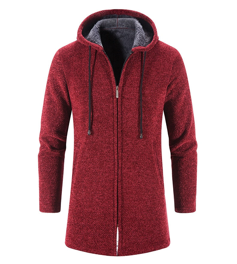 Men's hooded zip-front cardigan coat in burgundy textured knit with drawstrings