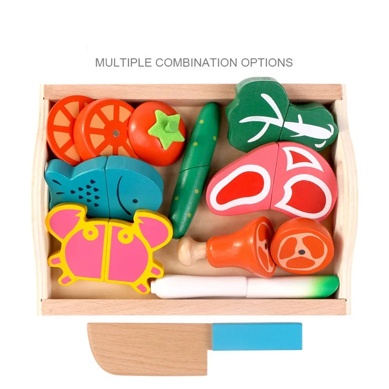 Wooden play cutting tray with colorful toy vegetables, fruit slices, and a blue knife