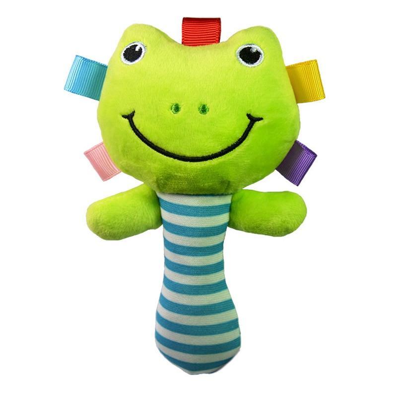 Plush frog rattle bell toy with striped body and colorful fabric tags