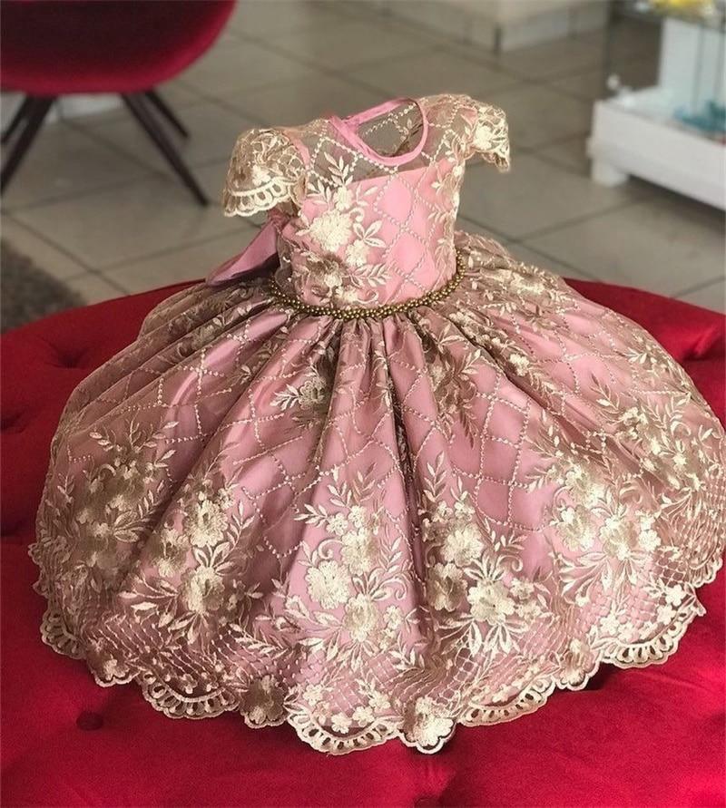 Baby girl princess tutu dress in dusty rose with gold floral embroidery and full skirt