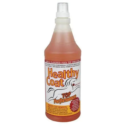 Healthy Coat equine horse feed supplement bottle, 32 oz, amber liquid