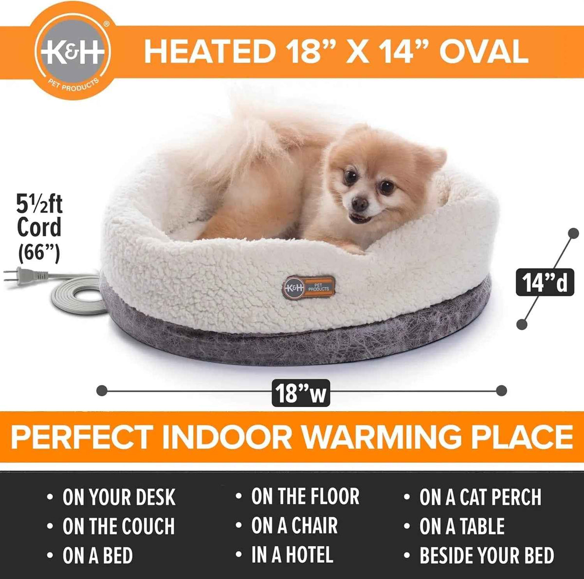 Heated oval cat bed with a plush white rim, gray base, and coiled power cord