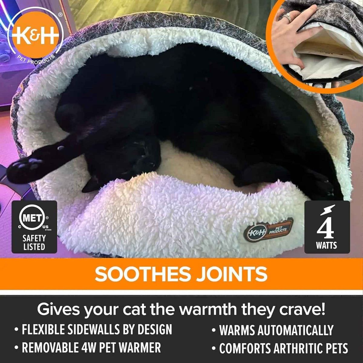 Heated cat bed with a flexible plush rim and removable warmer pad