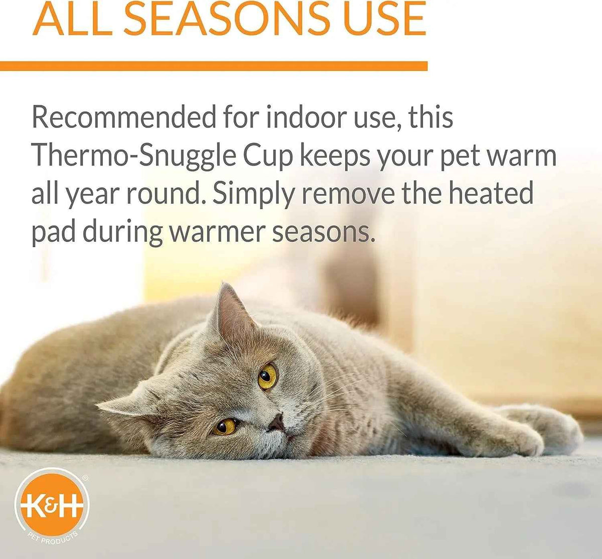 Heated cat bed product shown with a resting cat