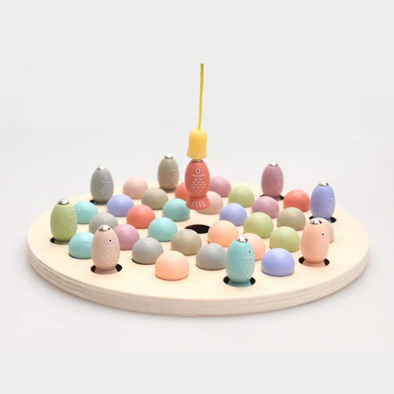 Wooden magnetic fish counting puzzle with pastel fish pieces on round base