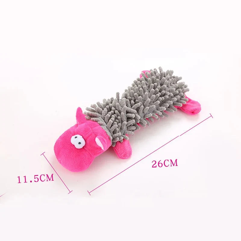 Pink and gray spiky plush hippo-shaped dog chew toy with squeaker face