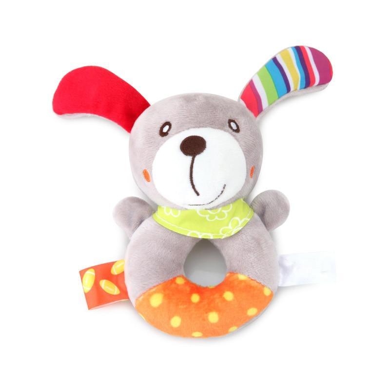 Gray dog plush baby rattle with green bib and orange belly ring